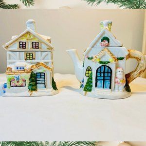 Vintage Christmas Cottage Teapot & Caddy Canister Houston Harvest Vintage Santa